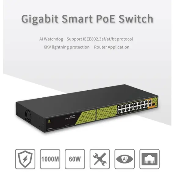 GENATA GNT-P4813V6 - 15FE &, 1GE+2GE (UP-LINK)+1SFP PoE Switch – 19 portos intelligens PoE Switch (300W)