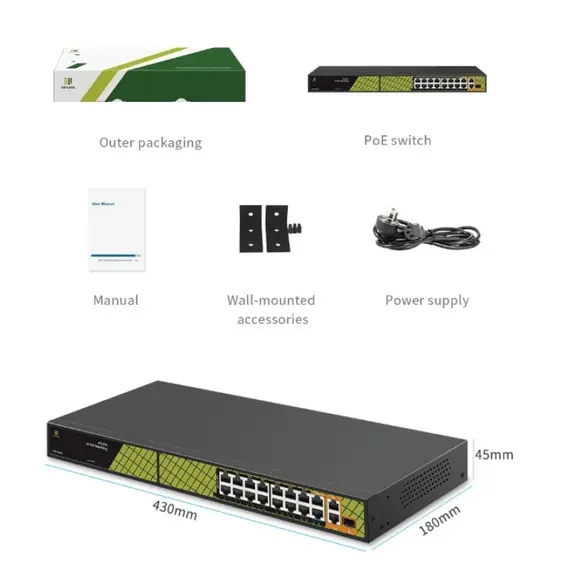 GENATA GNT-P4813V6 - 15FE &, 1GE+2GE (UP-LINK)+1SFP PoE Switch – 19 portos intelligens PoE Switch (300W)