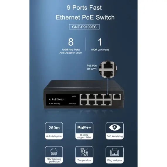 GENATA GNT-P9109ES – 8FE (PoE)+ 1FE (UP-LINK) AI PoE Switch - 9 portos AI Fast Ethernet PoE Switch (120W) vegyes ABS műanyag-alumínium ház