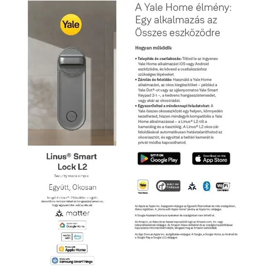 YALE Linus L2 Yale zár matt fekete, Bluetooth intelligens zár, WIFI, smart home
