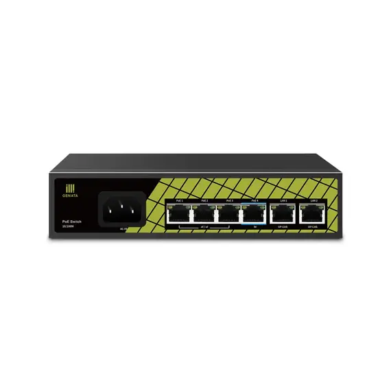 GENATA PoE Switch 4FE+2FE(UP-LINK) 60WATTOS PORTTAL! 130M ÉS 250M POE KÖZVETLEN 230V TÁPKÁBELRŐL