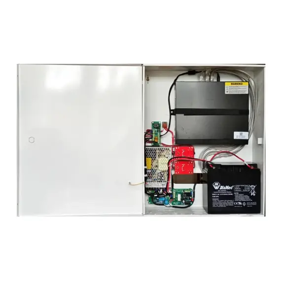 SOLLEYSEC Szünetmentes előszerelt beltéri egység videómegfigyelő rendszerekhez. Szabotázsvédett fém dobozában, hely kialakítva egy 12V-18Ah akkumulátor és az NVR részére. Nem igényel külső UPS-t, 3-4h folyamatos működést biztosít áramszünetkor is